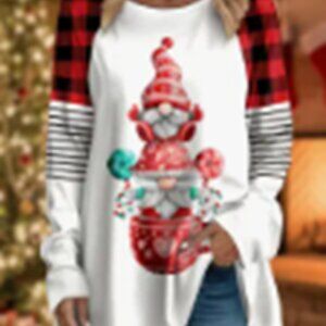 Plus Size Elegant Christmas Gnome Print T-Shirt -  Crew Neck, Long Sleeve